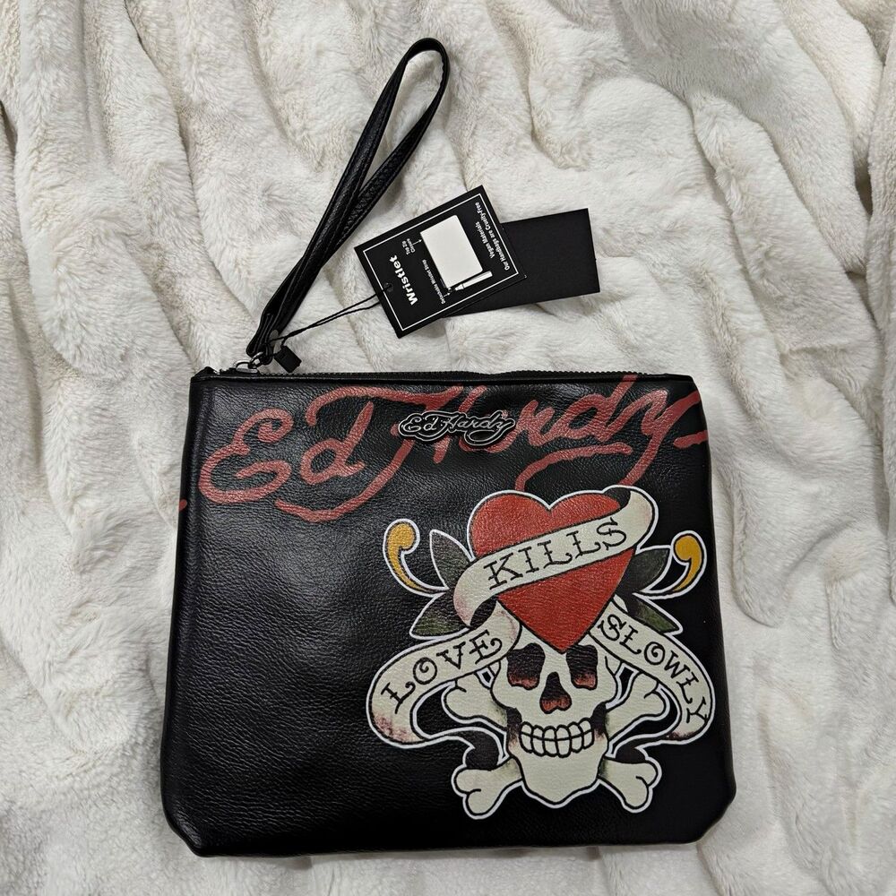 Ed Hardy black skull graphic print wristlet clutch w/ zip top, lined pockets
